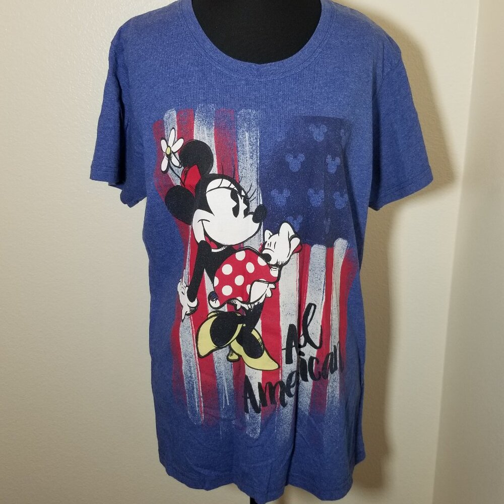 Disney Parks‎ Womens XL Short Sleeve Shirt Blue MINNIE MOUSE All American USA